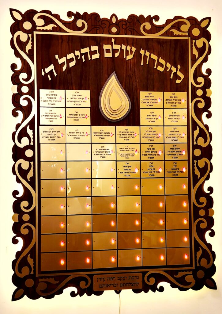 לוח הנצחה עם לוחיות זהובות ומסגרת מעוטרת