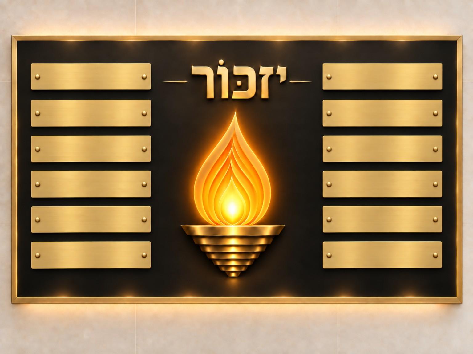 הדמיית לוח הנצחה יזכור שחור וזהב, עם להבה מוארת ו־12 לוחיות אופקיות