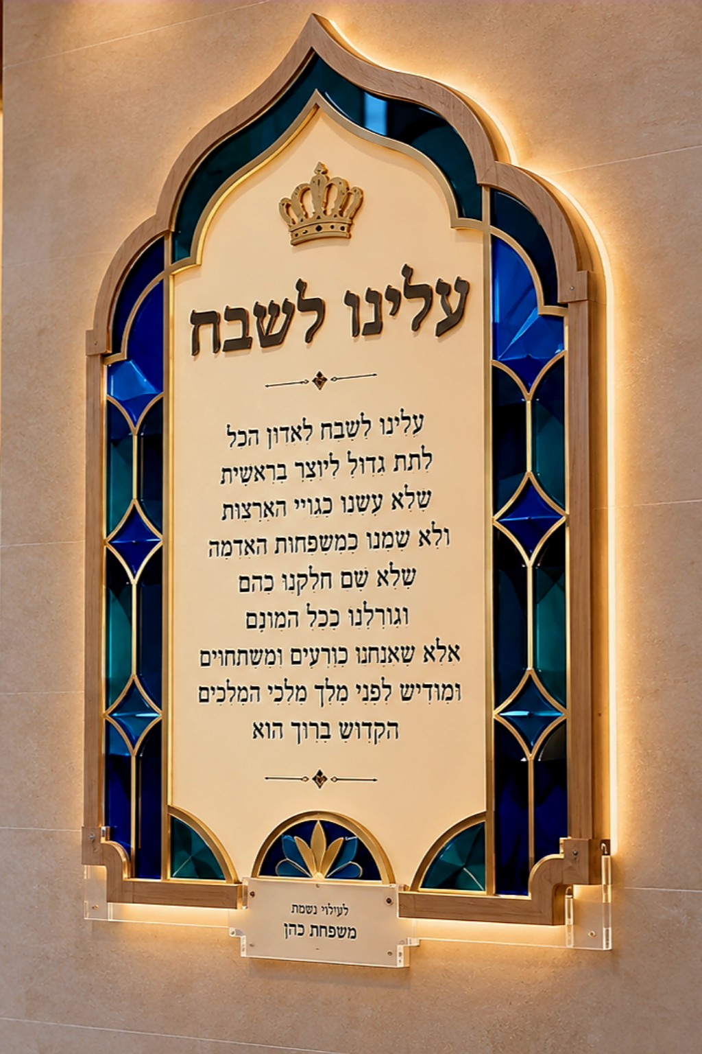 לוח תפילה עלינו לשבח בעיצוב קשת עם עיטורים בכחול וזהב ותאורה היקפית