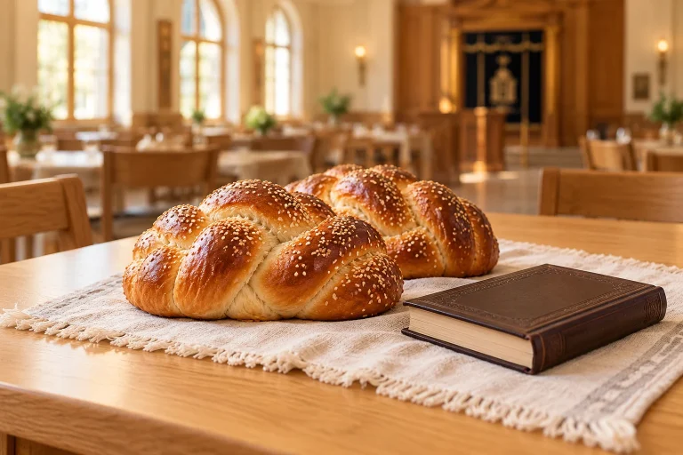 איור המחשה: חלות וספר ברכות על שולחן באולם קידושים