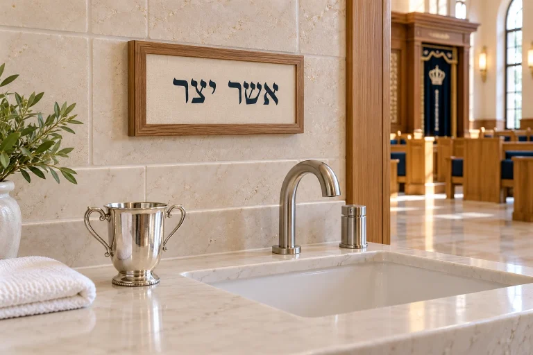 איור המחשה של שלט אשר יצר ליד כיור ונטלה בבית הכנסת