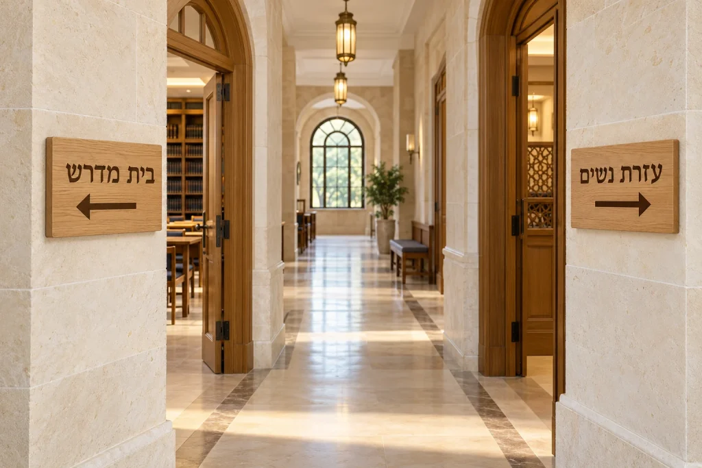 איור המחשה של שלטי הכוונה לבית מדרש ולעזרת נשים במסדרון בית הכנסת